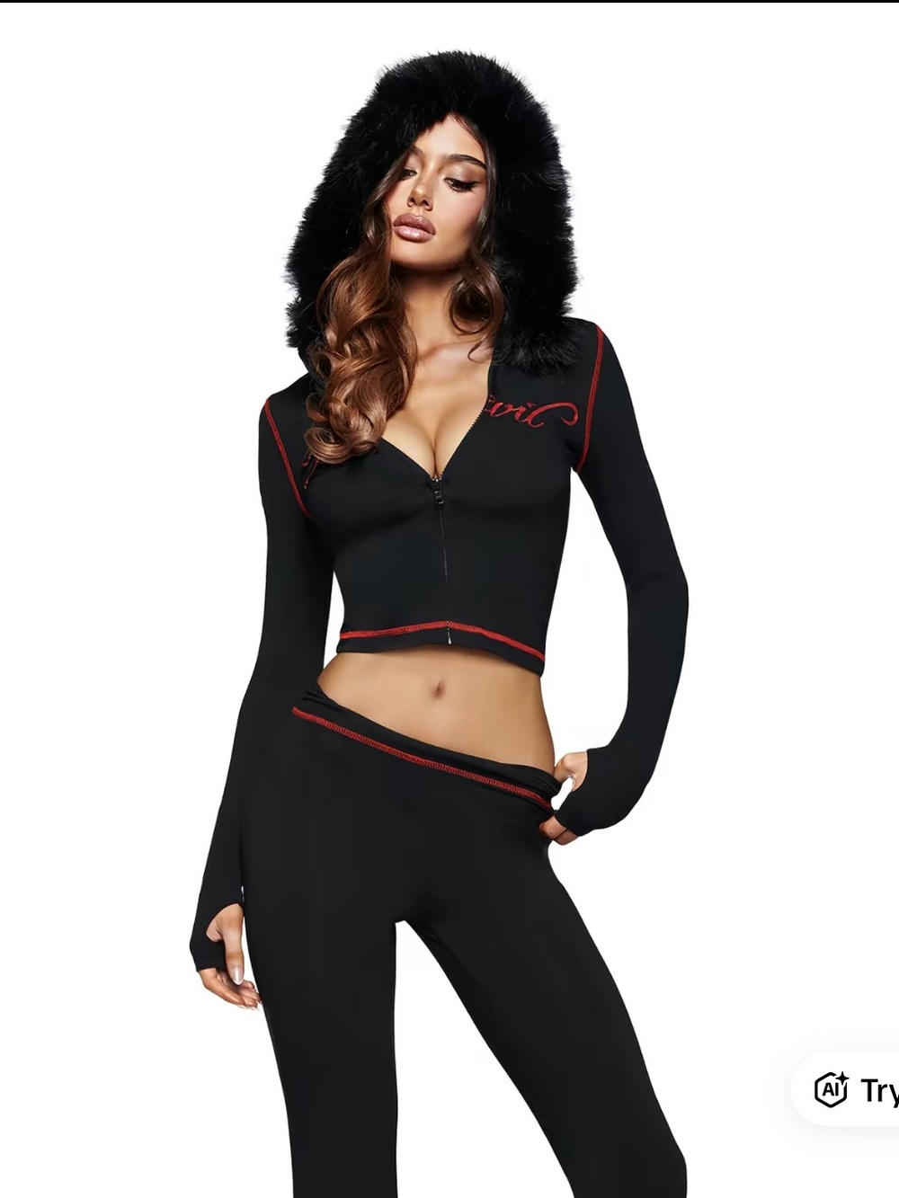 I.AM.GIA Black Cropped Hoodie Top with Faux Fur Hood & Red Trim